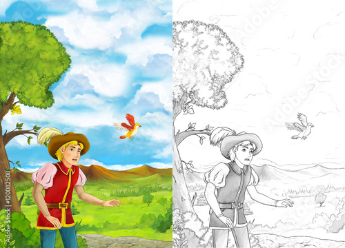 Cartoon scene with young man walking in some garden - handsome man- with coloring page - illustration for children