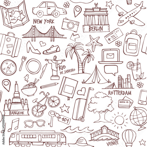 Tourism and travel destination seamless pattern
