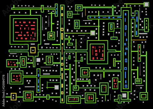 Abstract graphic of microchip board isolated on black background. Neon greens, reds, blues and silver.