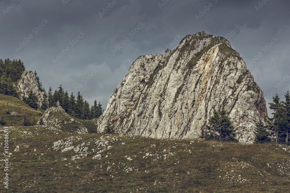 Mountain landscape with big rock and stormy sky up in the alpine zone of Piatra Mare Mountain, Romania.