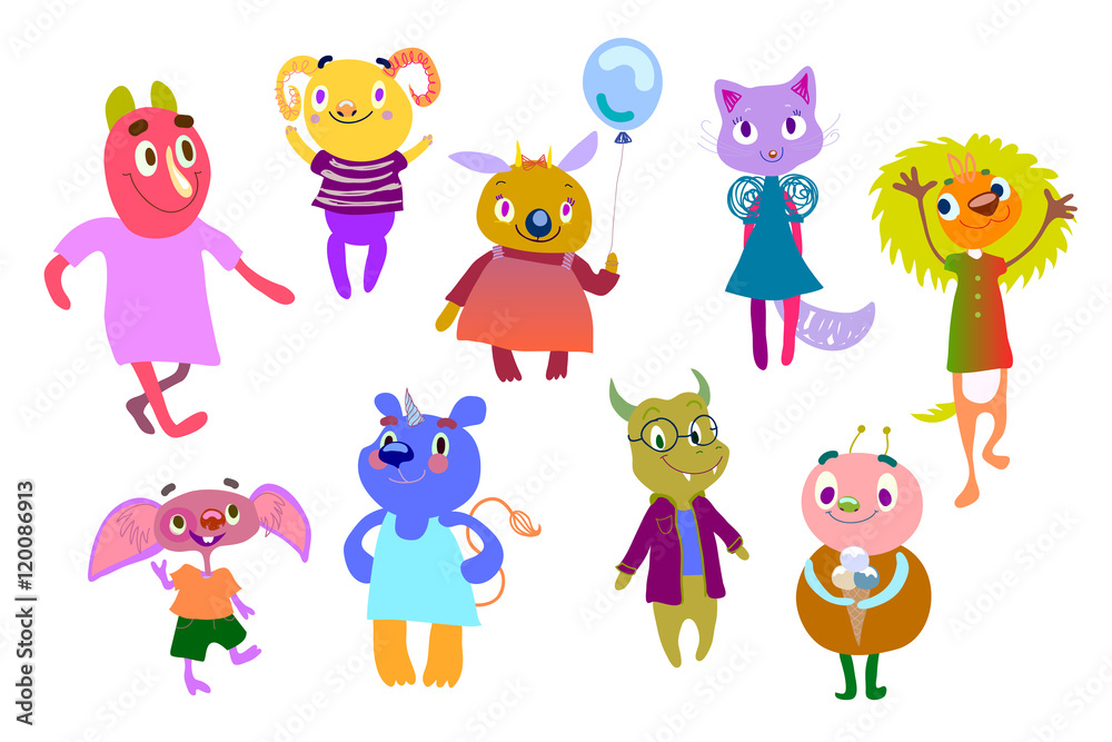 Set of bright multicolored monsters. Funny fantastic creatures. Cute characters for children's design. Positive fantastic humanoids. Hand Drawn elements. Clipart, vector illustration eps 10. Set of bright multicolored monsters. Funny fantastic creatures. Cute characters for children's design. Positive fantastic humanoids. Hand Drawn elements. Clipart, vector illustration eps 10.