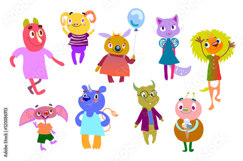 Set of bright multicolored monsters. Funny fantastic creatures. Cute characters for children's design. Positive fantastic humanoids. Hand Drawn elements. Clipart, vector illustration eps 10.