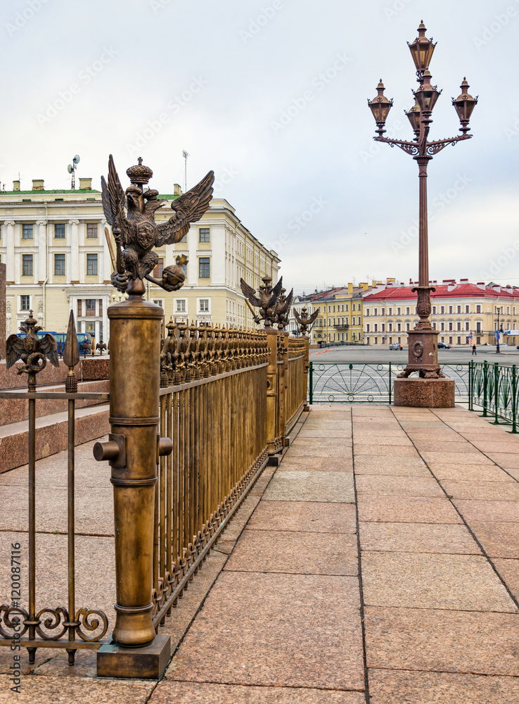 Saint Petersburg, Russia, December 13, 2015 . A fragment of the fence of Alexander Column and a lantern at the Dvortsovaya (Palace) square.