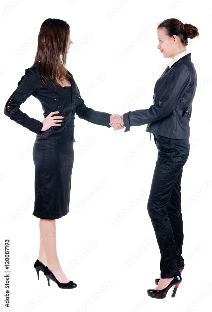 Two businesswoman handshake . Isolated over white Two businesswoman handshake . Isolated over white