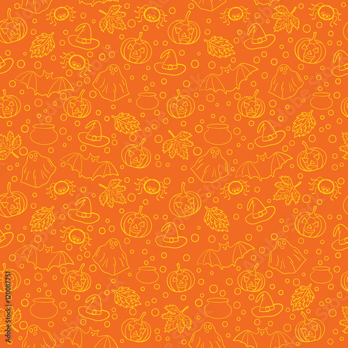 Halloween seamless pattern with spiders, witch cauldron, bat, ghost, pumpkin, leaves and bubbles on orange background. Decoration for greeting card, poster, banner, flyer design. Vector illustration.