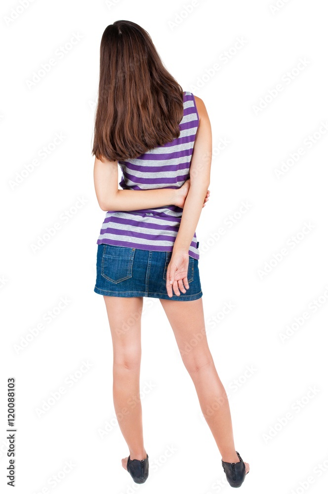 back view of standing young beautiful brunette woman. girl watching. Rear view people collection. backside view of person. Isolated over white background. back view of standing young beautiful brunette woman. girl watching. Rear view people collection. backside view of person. Isolated over white background.