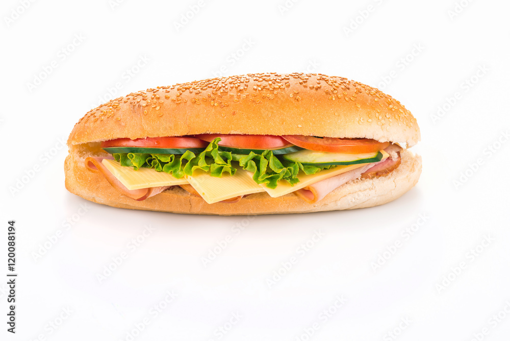 Sandwich with ham and cheese isolated on a white background