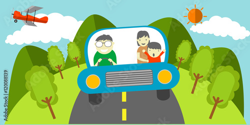 family travel on the road after sunset ,landscape,kid,man,woman,car,plane,tree,mountain,flat design