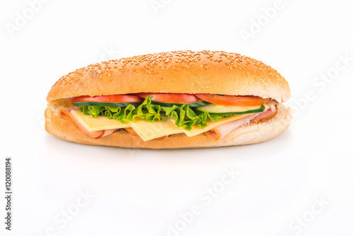 Sandwich with ham and cheese isolated on a white background