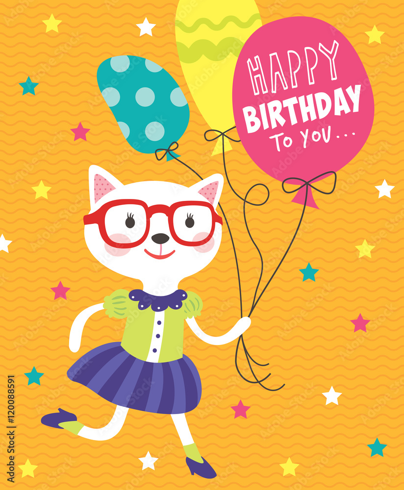 Birthday party card with little cat