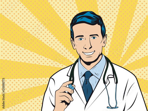 Doctor therapist medicine and health. Confident Mature Doctor Profession white coat stethoscope pop art retro style. Vector illustration.