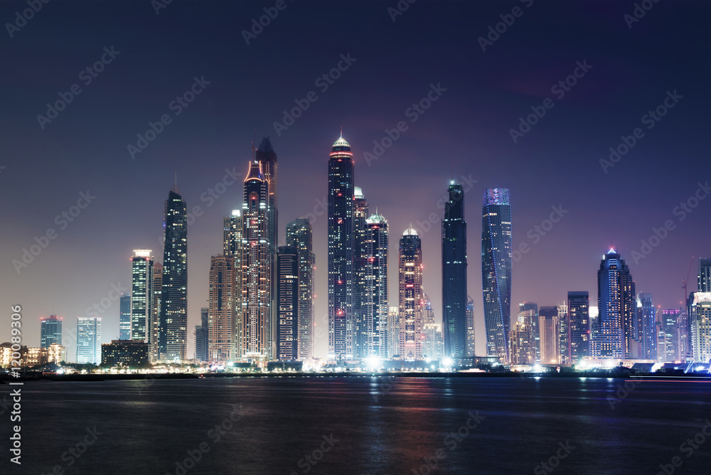 panorama of skyscrapers in Dubai Marina, sunset time, UAE panorama of skyscrapers in Dubai Marina, sunset time, UAE