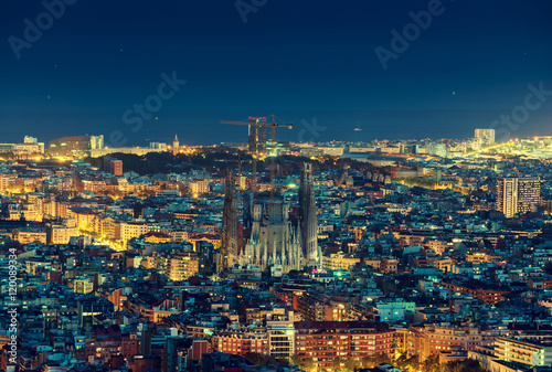 Barcelona skyline panorama at night, Spain