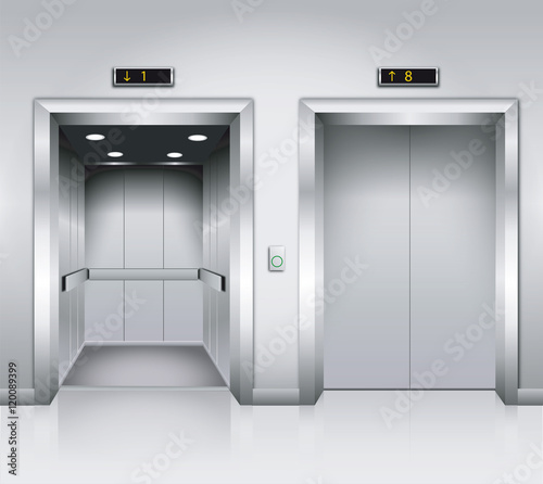 Open and closed chrome metal office building elevator doors realistic vector illustration