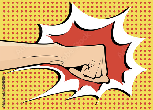 Fist hitting, fist punching in pop art style. Human violence, knuckle and impact, vector illustration