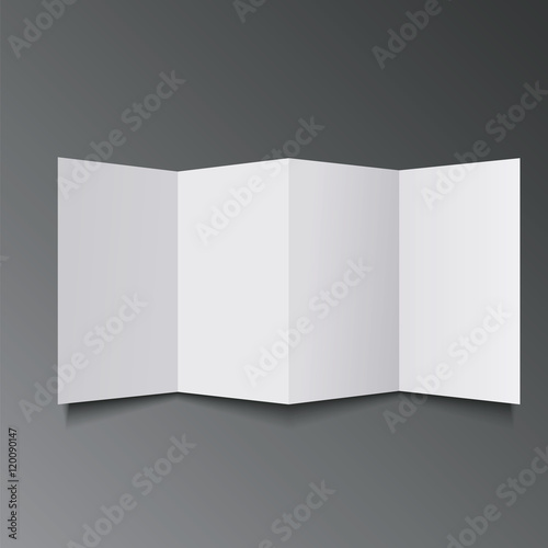 Blank Four Folded Fold Paper Leaflet, Flyer, Broadsheet, Flier, Follicle, Leaf A4 With Shadows. On Gray Background Isolated. Mock Up Template Ready For Your Design. Vector EPS10