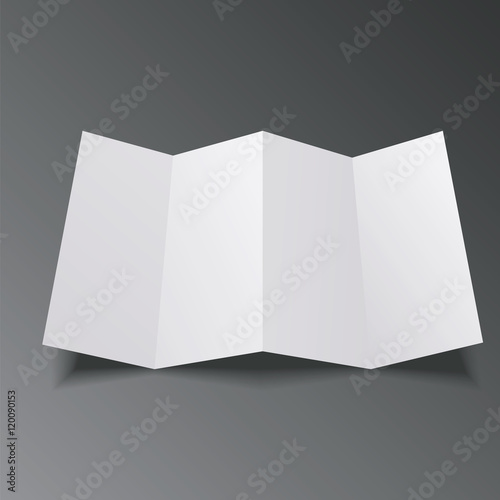 Blank Four Folded Fold Paper Leaflet, Flyer, Broadsheet, Flier, Follicle, Leaf A4 With Shadows. On Gray Background Isolated. Mock Up Template Ready For Your Design. Vector EPS10