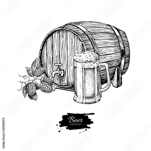 Beer barrel with hop and glass mug. Sketch style vector illustra