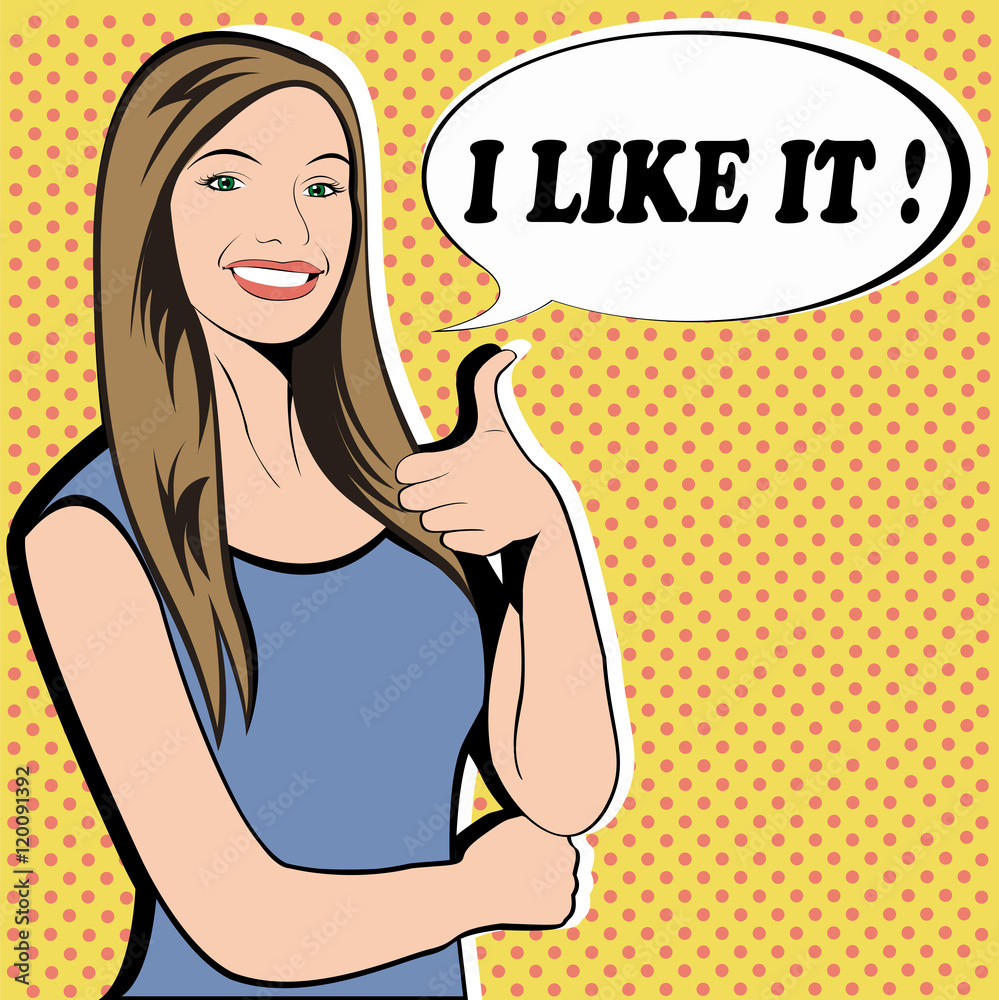 Like successful female businesswoman showing retro style pop art