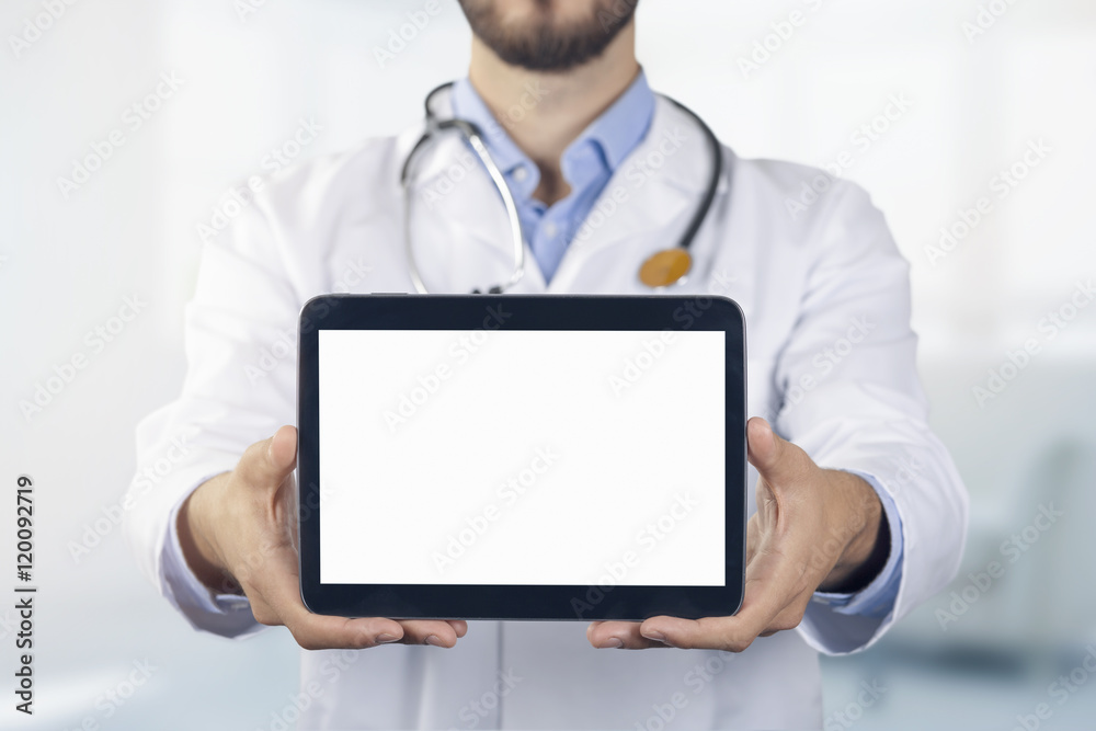 doctor showing digital tablet with blank white screen doctor showing digital tablet with blank white screen