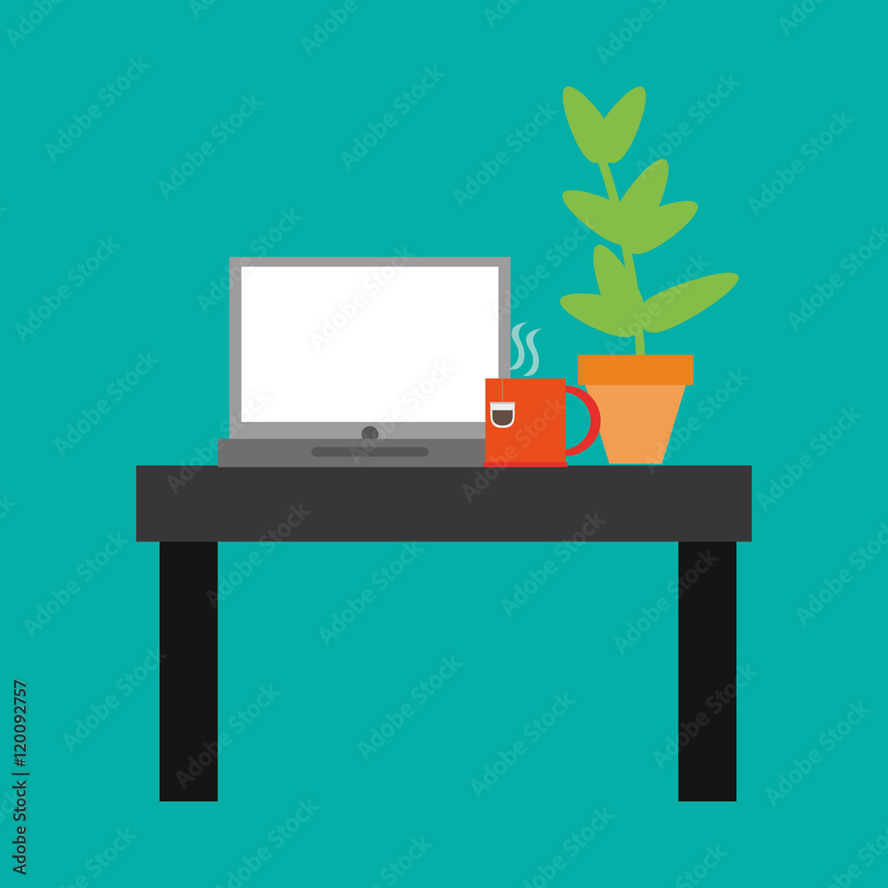 flat design laptop on desk with tea cup and plant office related items icon vector illustration flat design laptop on desk with tea cup and plant office related items icon vector illustration