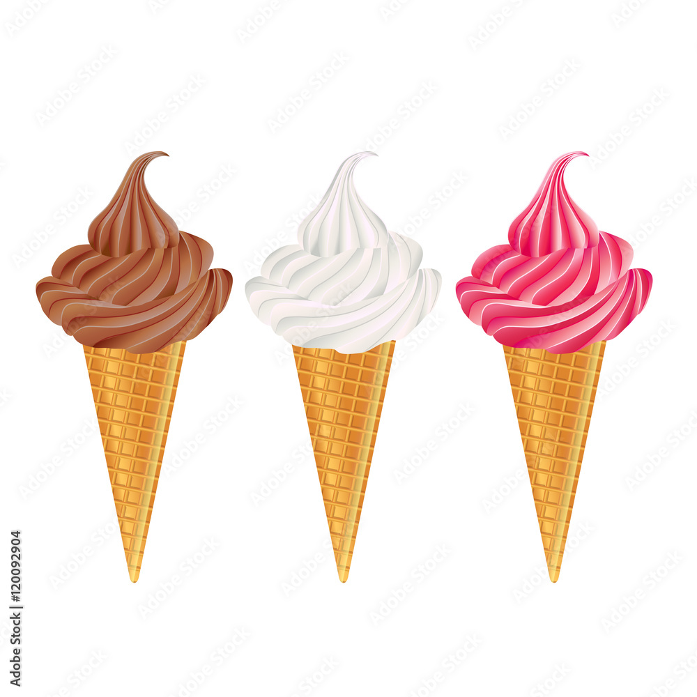 Chocolate, vanilla and strawberry icecream cones Chocolate, vanilla and strawberry icecream cones