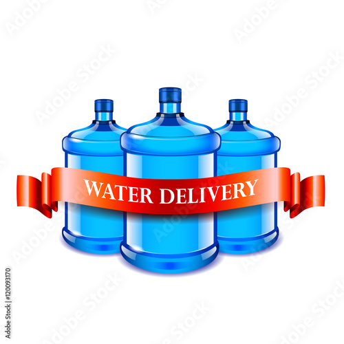 Big bottles and red ribbon, water delivery concept