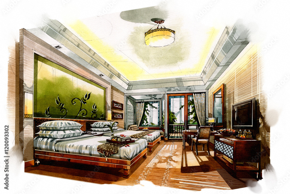 Obraz premium sketch interior twin bedroom into a watercolor on paper.