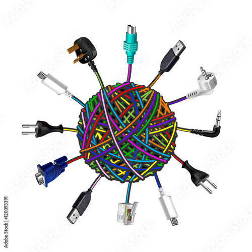 Tangled cables in clew on white background