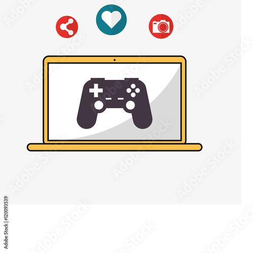 flat design laptop with game controller camera and telecommunication related icons vector illustraiton 