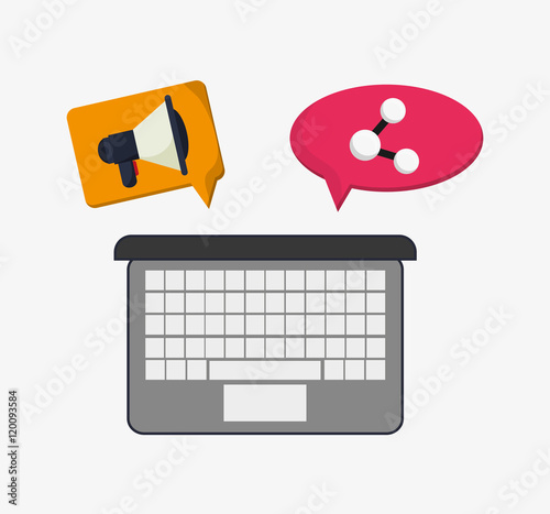 flat design laptop with megaphone and connection icon inside thought or conversation bubble telecommunication related icons vector illustraiton 