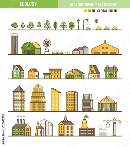 Ecology infographic element set of outline environment and build