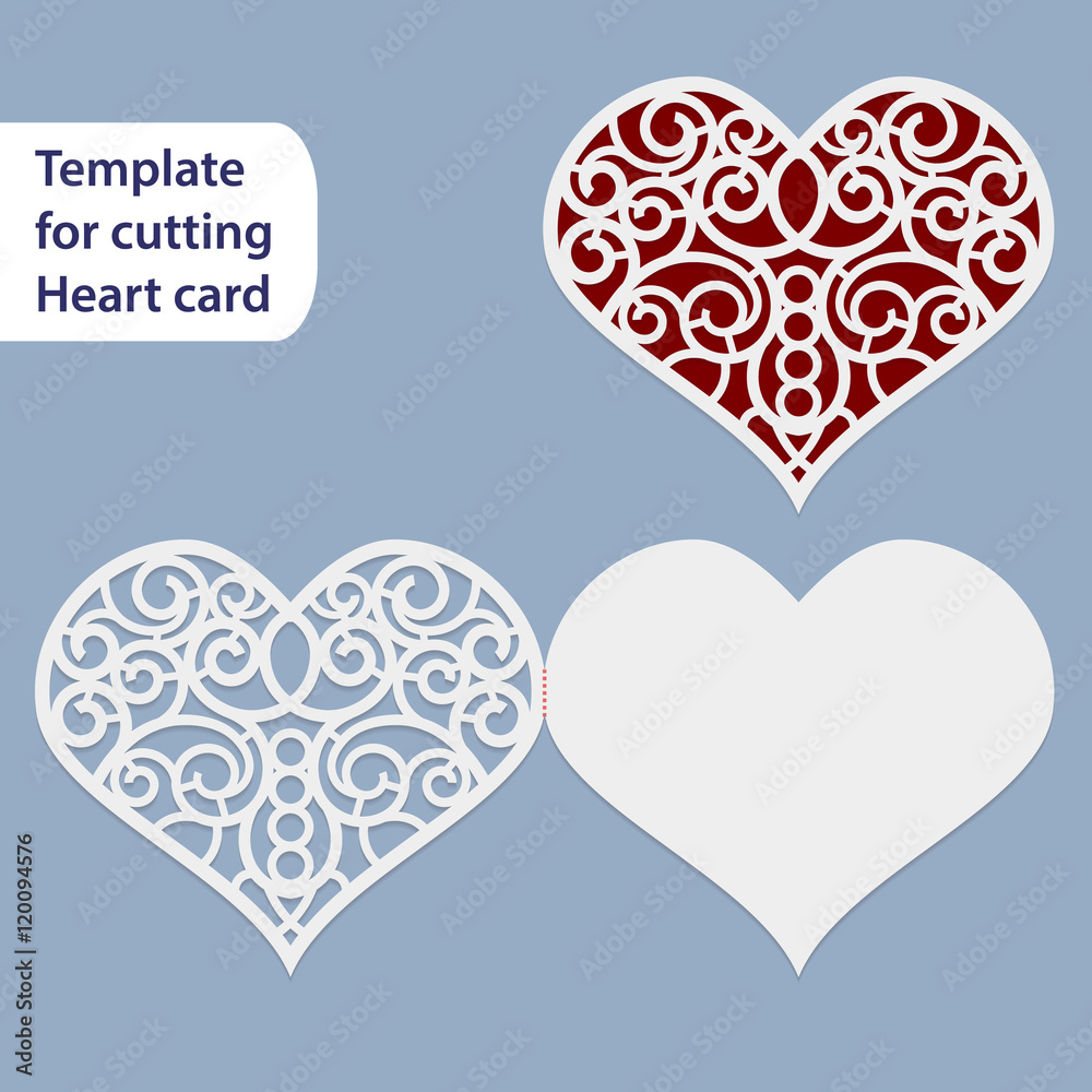 Paper openwork wedding card, heart shape, greeting postcard, template