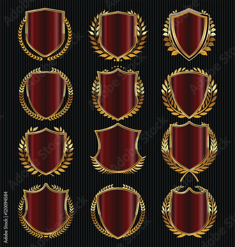 Retro vintage golden laurel wreath and shields collection