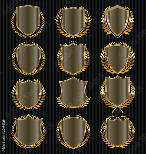 Retro vintage golden laurel wreath and shields collection