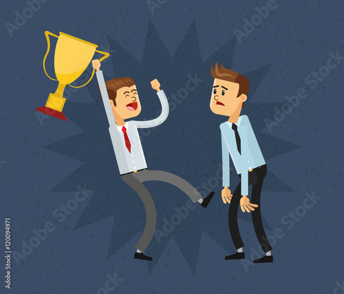 Obraz na plátne flat design businessman holding trophy and jealousy  icon vector illustration