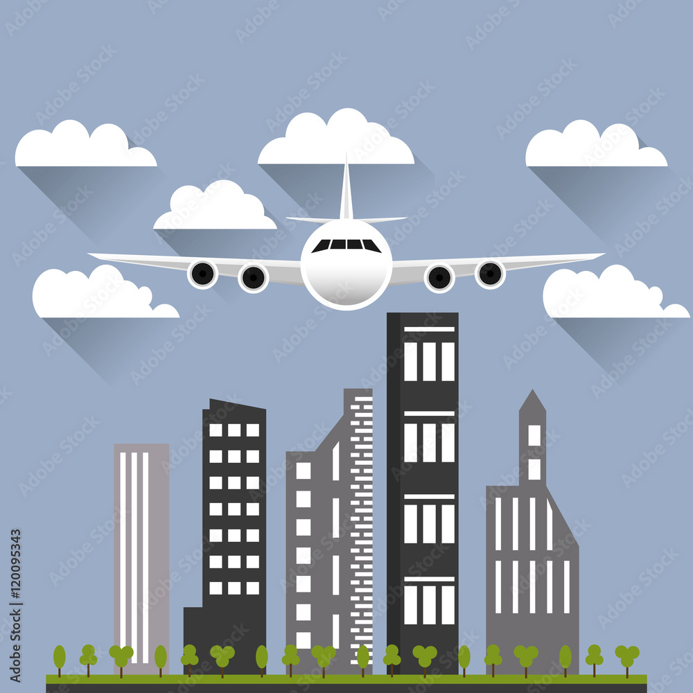flat design flying airplane over city buildings  image vector illustration