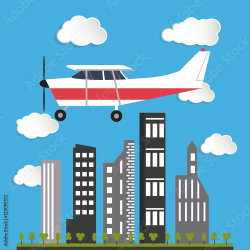 flat design flying airplane over city buildings  image vector illustration