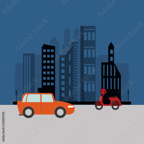 car and scooter with city buildings background transport image