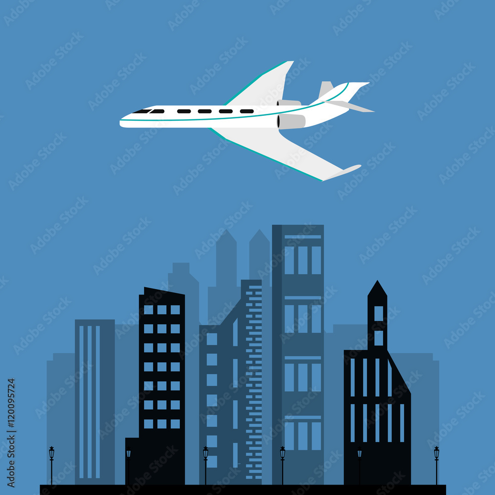 flat design flying airplane over city buildings  image vector illustration