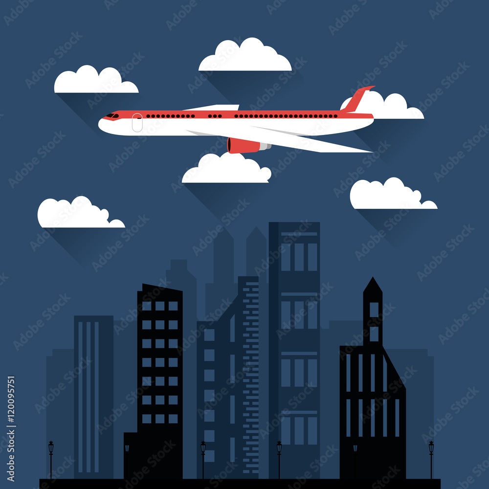 Obraz premium flat design flying airplane over city buildings image vector illustration