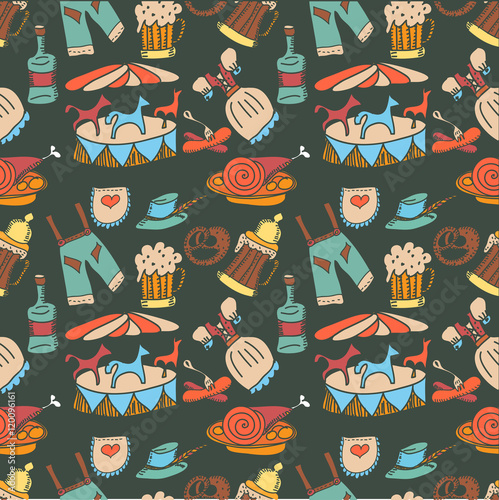 Oktoberfest themed vector seamless pattern. Bavarian costumes - drindl and lederhosen,carousel, schnapps, pretzel, bratwurst sausage, beer. Hand drawn sketches.  photo