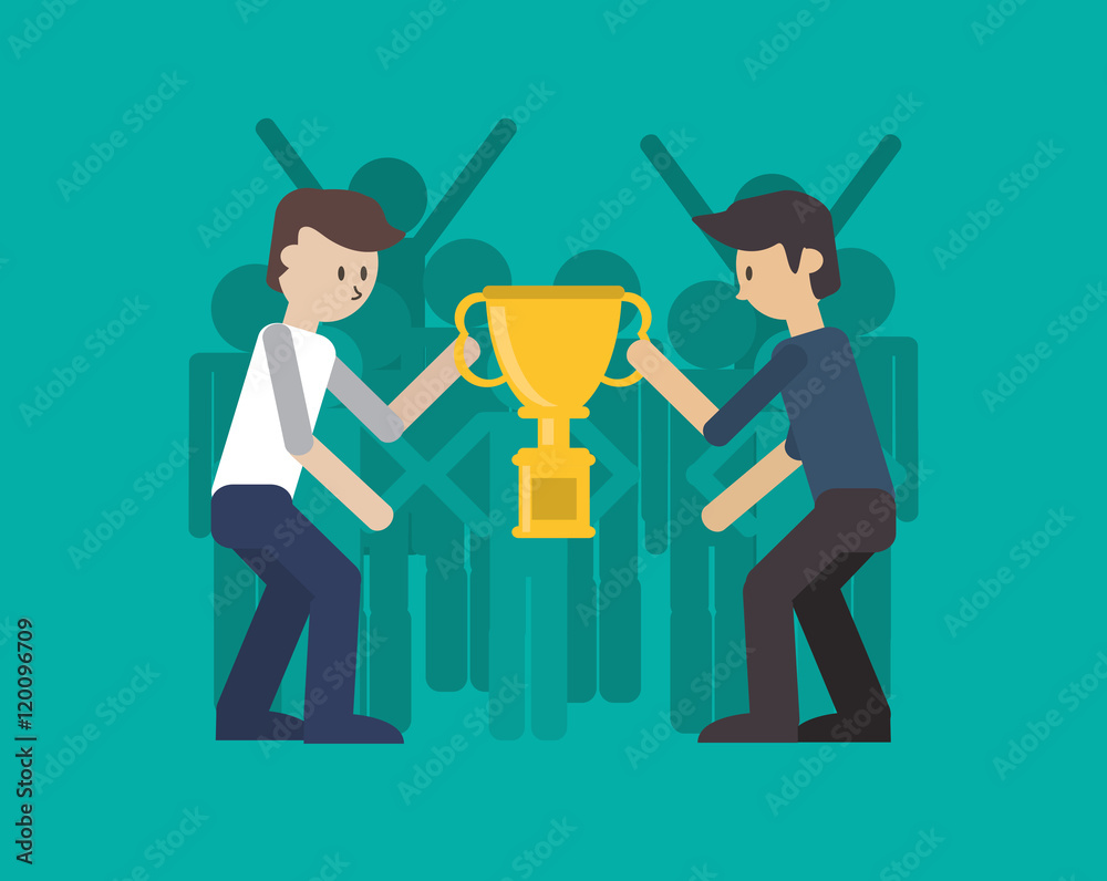 flat design businessmen holding trophy with crowd in the background icon vector illustration