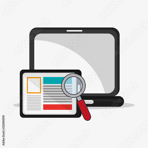 flat design laptop with magnifying glass and tablet telecommunication related icons vector illustraiton 