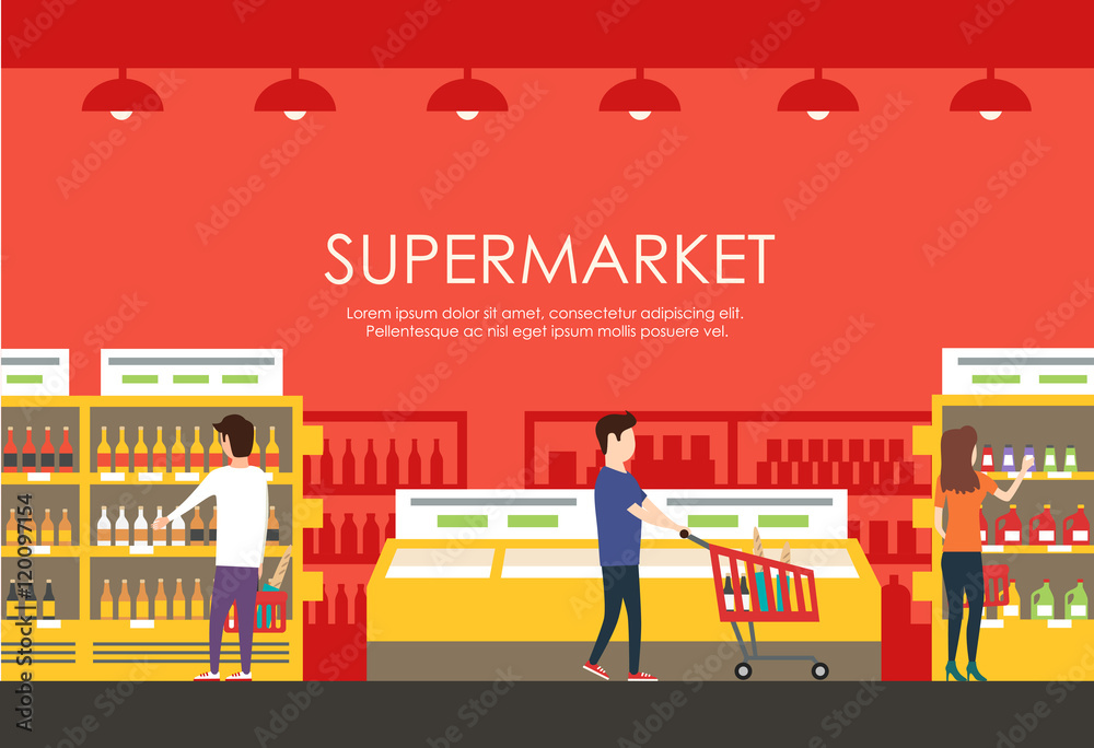 People in supermarket. Vector flat illustration. Grocery store