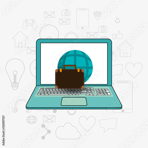 flat design laptop with earth globe diagram and briefcase telecommunication related icons vector illustraiton 