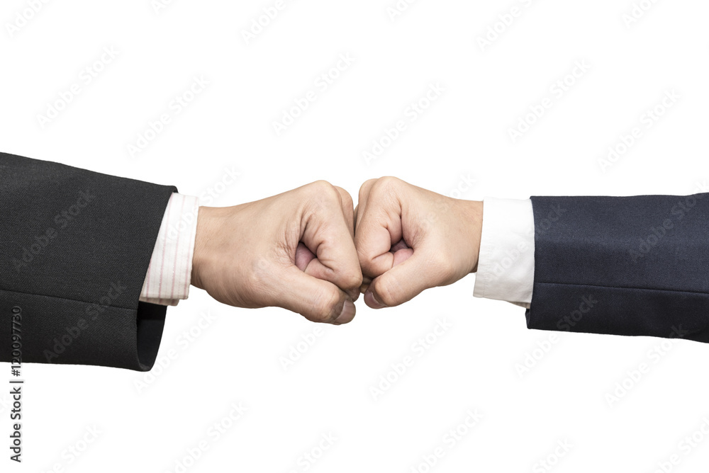 Two businessmen punch hands each other isolated on white backgro