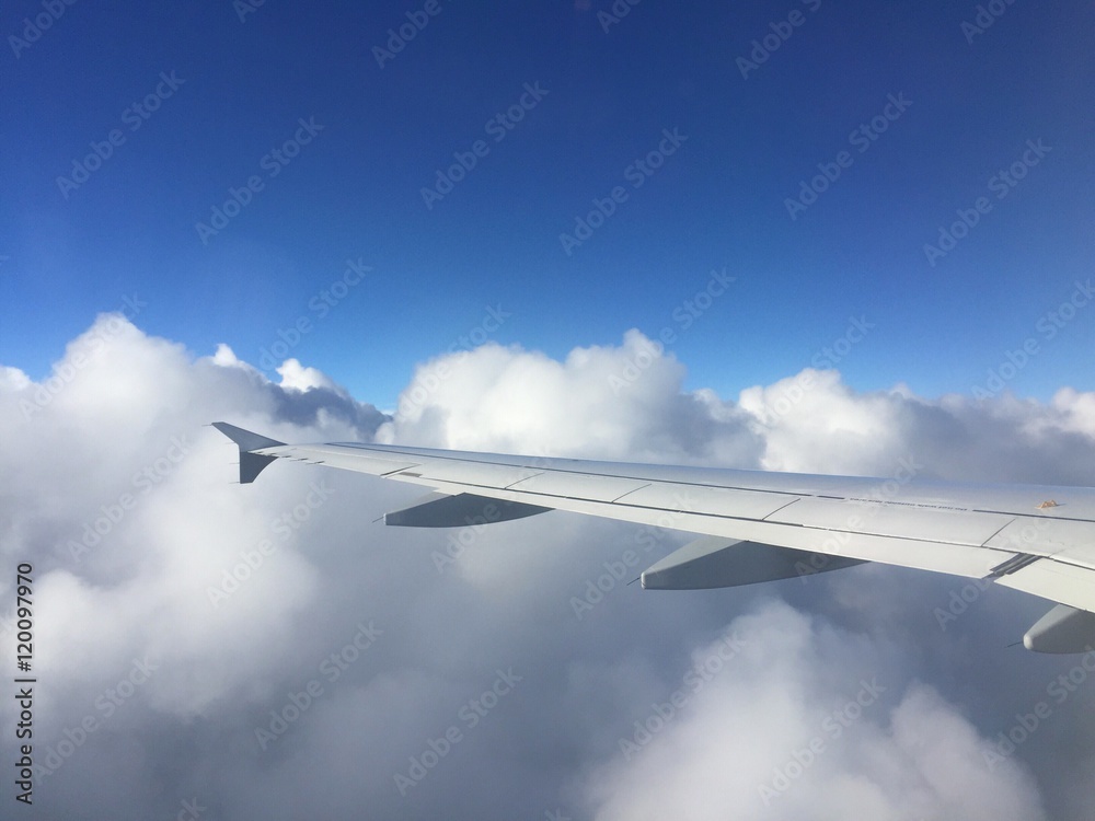 Obraz premium aircraft wing, blue sky and white clouds