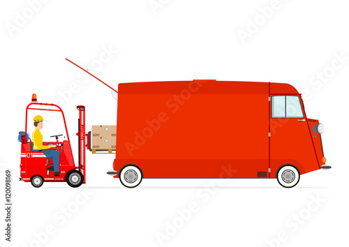 Forklift and van in a retro style on a white background. Flat vector