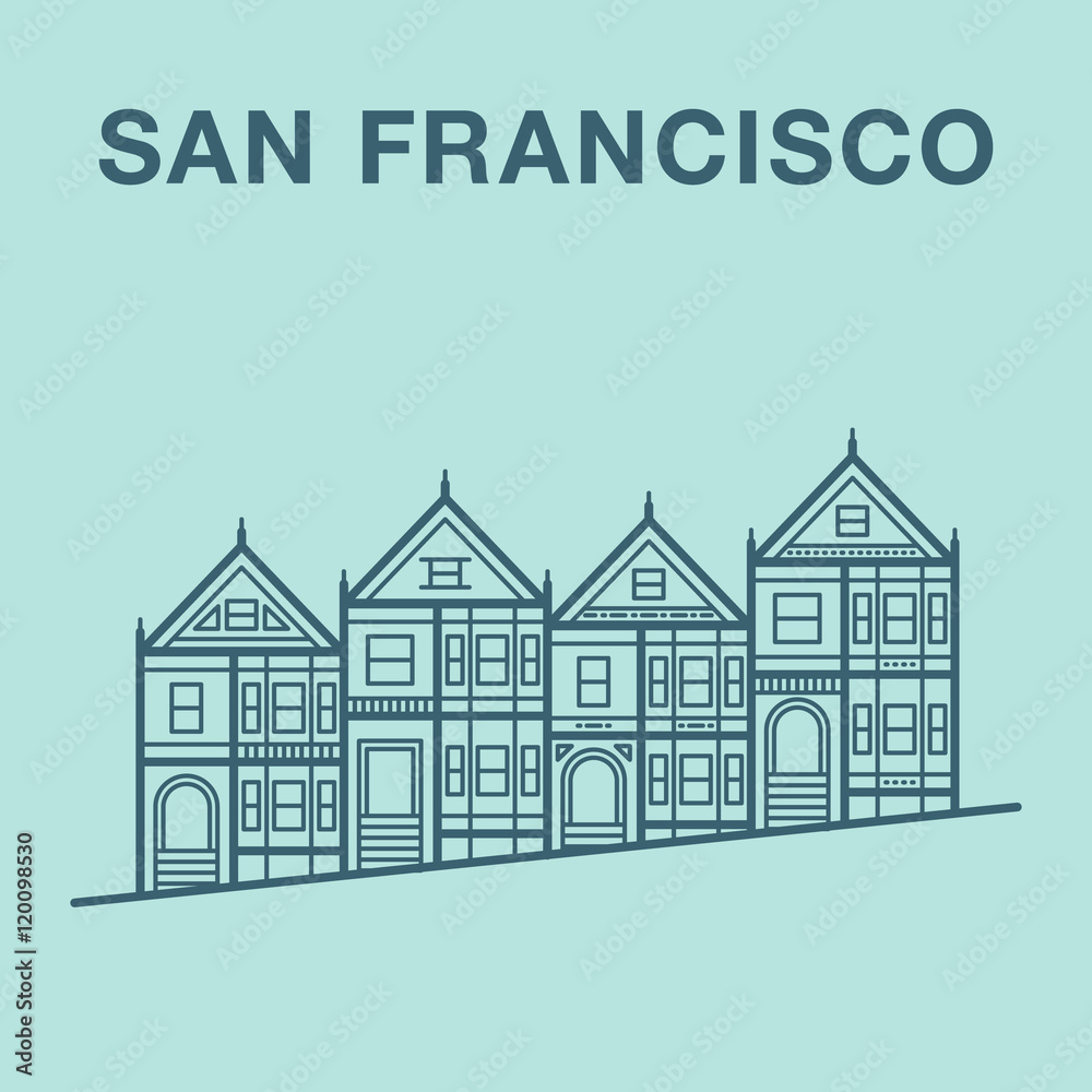 San Francisco houses on hill. Line art illustration. San Francisco houses on hill. Line art illustration.